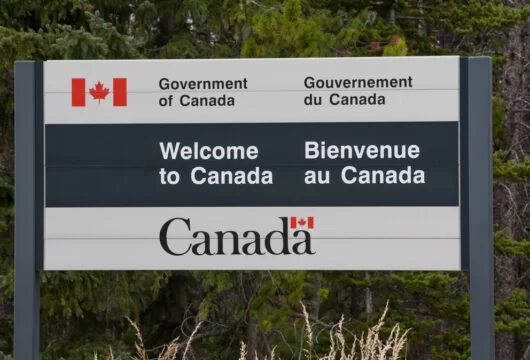 "Welcome to Canada" sign after crossing from the U.S. to Canada in a rental car