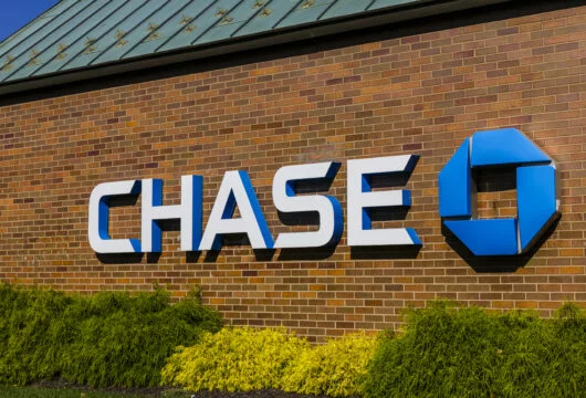 Chase logo sign on the exterior of a Chase Bank branch