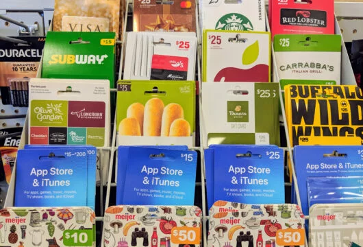 Display of gift cards sold at Meijer or a similar store