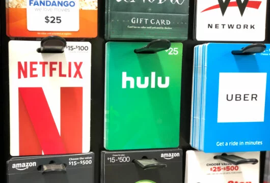Selection of gift cards on display at a store like Stop & Shop