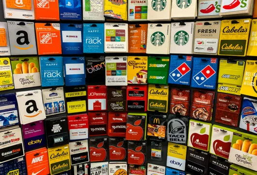 Gift card display at a store like Hy-Vee