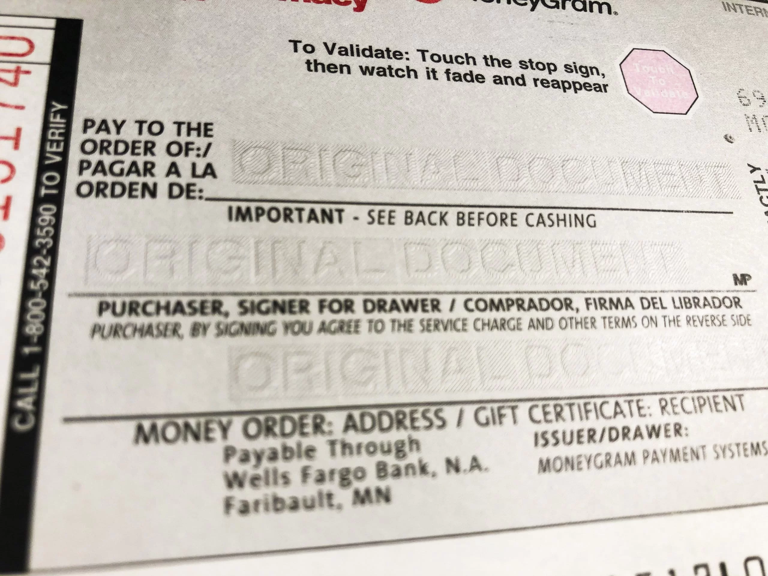 Unfilled MoneyGram money order