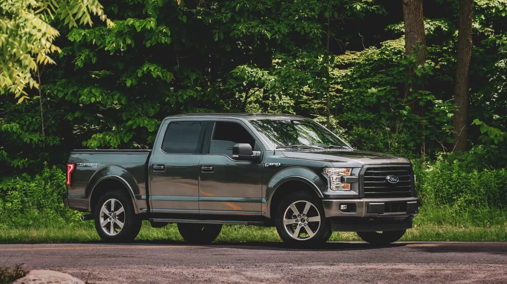 Rental pickup truck on a wooded road