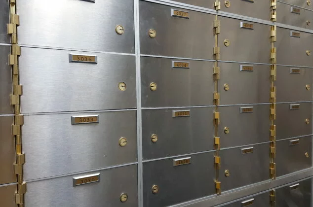 Wall of safe deposit boxes inside of a bank