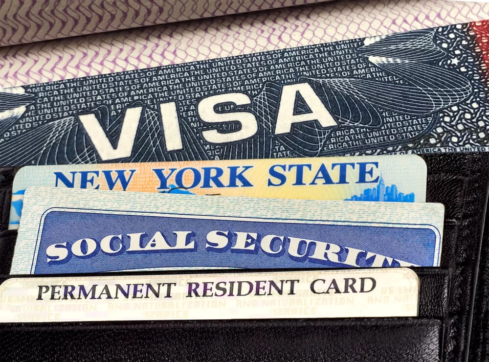 wallet with U.S. visa, driver's license, Social Security card, and permanent resident card