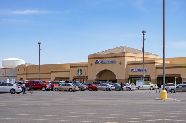 Exterior of an Albertsons store and parking lot
