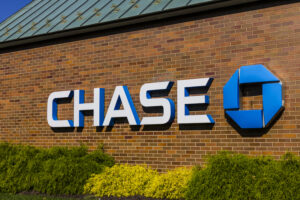 Chase logo sign on the exterior of a Chase Bank branch