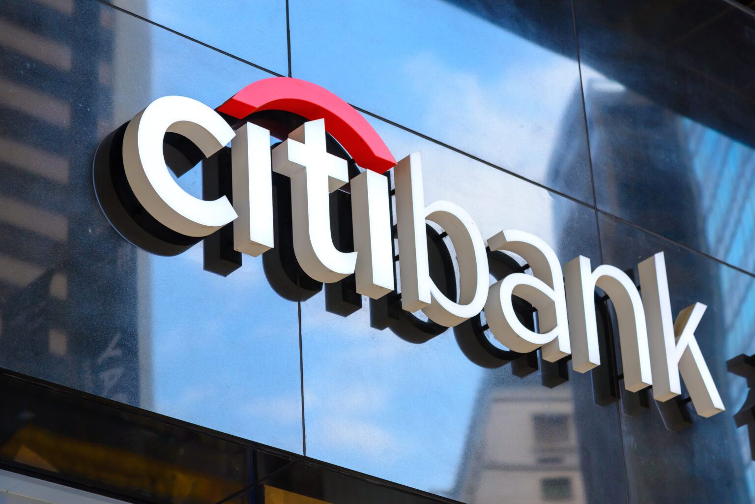 Citibank logo sign on the outside of a branch location