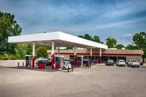 Exterior of a gas station that takes checks
