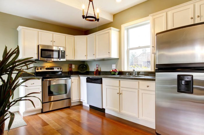 Free stainless steel appliances in a kitchen.