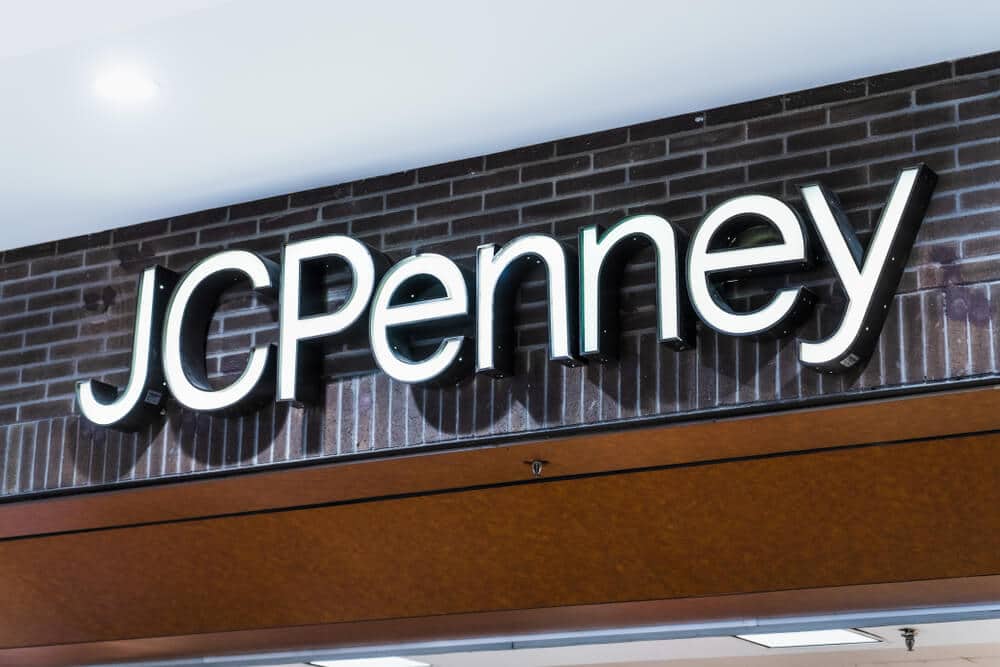 Sign above the front entrance of a JCPenney store in a mall