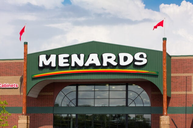 Exterior of the front entrance to a Menards store