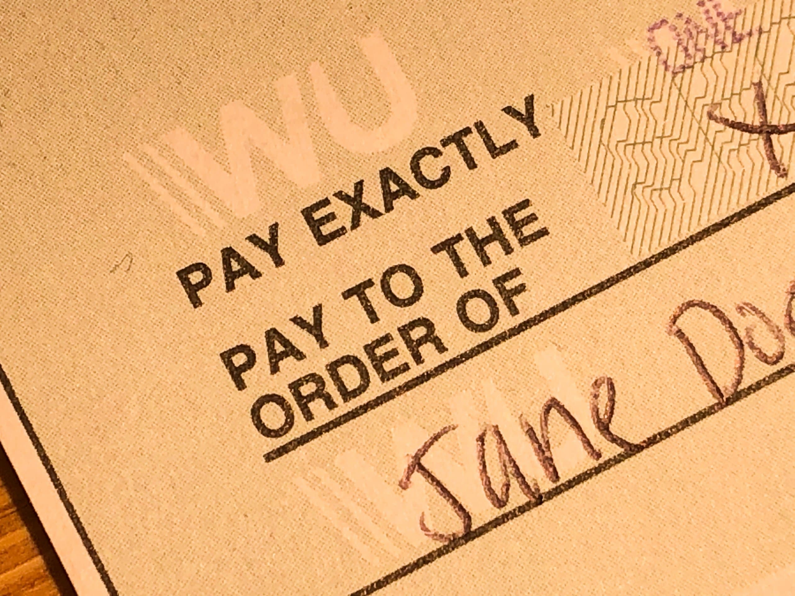 Close-up of a Western Union money order