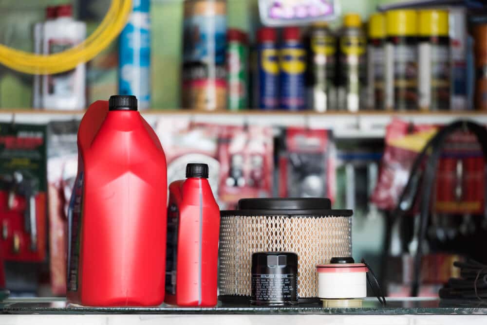 Oil containers and air filters in an auto parts shop