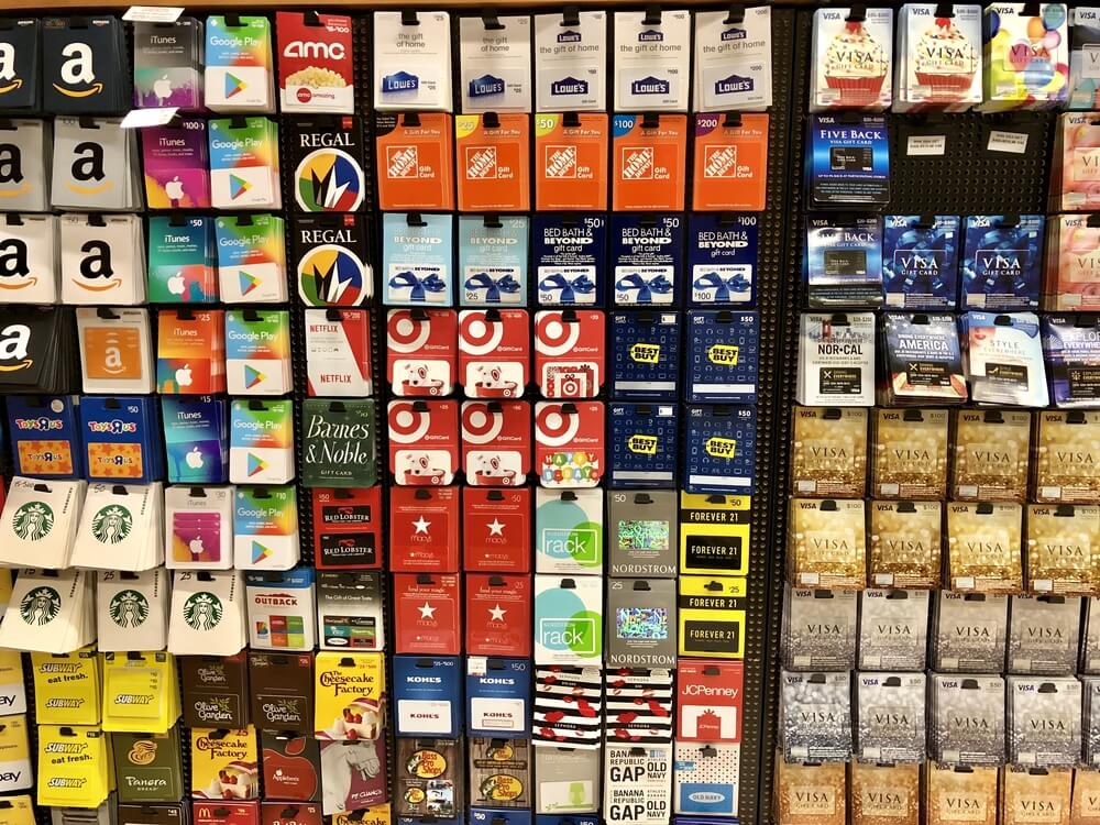 Display of gift cards from various brands