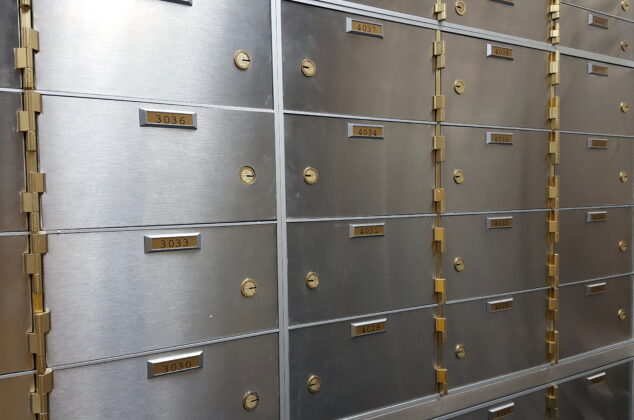 Wall of safe deposit boxes inside of a bank