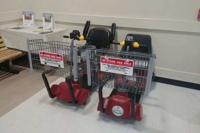 Motorized shopping cars in a grocery store.