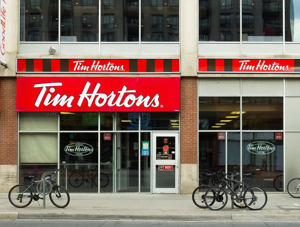 A Tim Hortons storefront with bikes in front