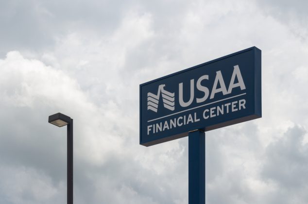 USAA Financial Center sign against a cloudy sky