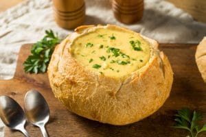 Bread bowl filled with homemade broccoli cheddar soup
