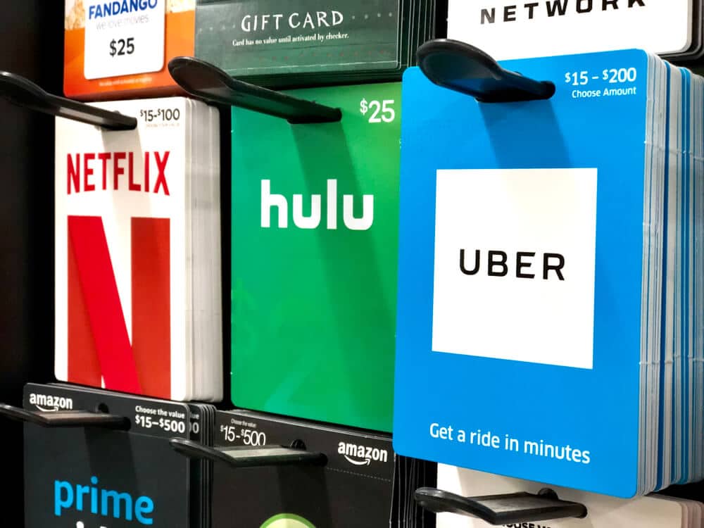 Gift cards on display in a store