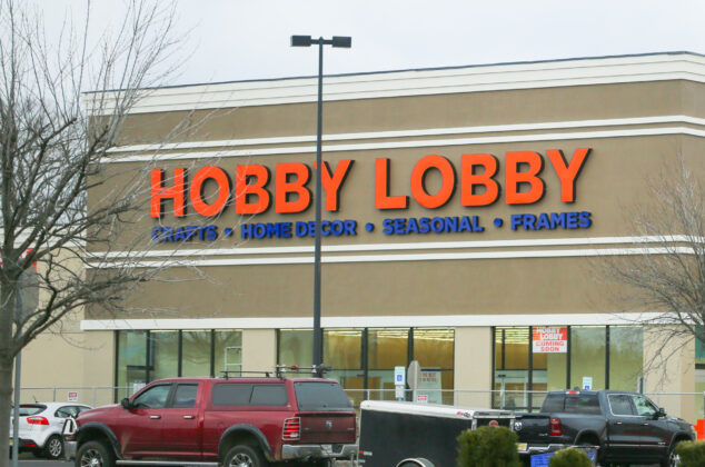 Exterior of a Hobby Lobby store and parking lot