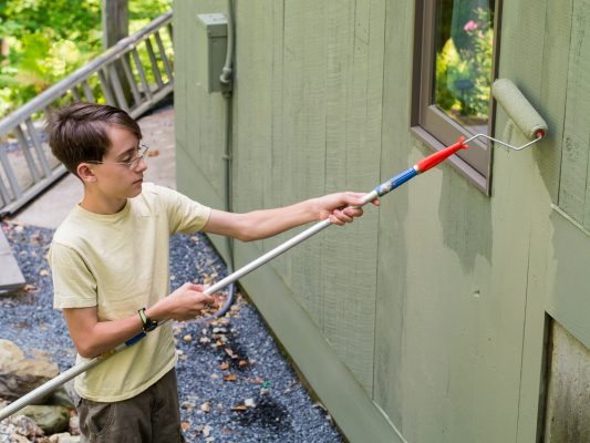a boy painting a house